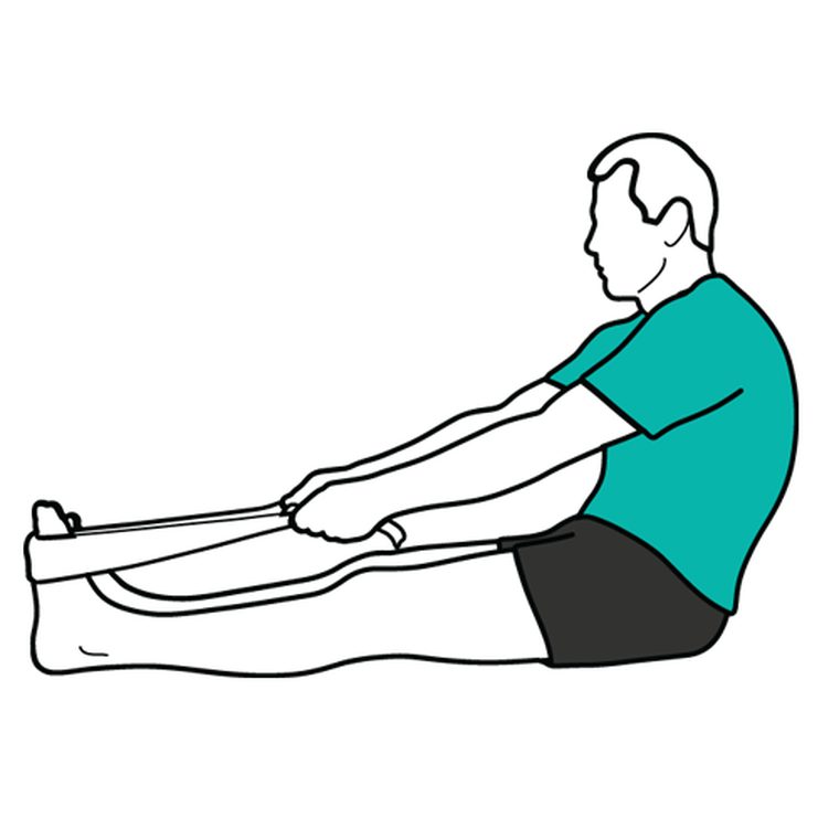 Illustration of a calf and Achilles tendon stretch performed against a wall, with the rear leg straight and the heel kept down.