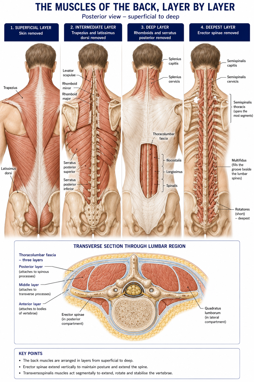 The back dissected in stages across a single figure, from trapezius and latissimus dorsi on the surface, through levator scapulae, the rhomboids and serratus posterior, to the thoracolumbar fascia and the three columns of erector spinae, and finally the deep transversospinalis group, with a cross-section of the lumbar region inset.