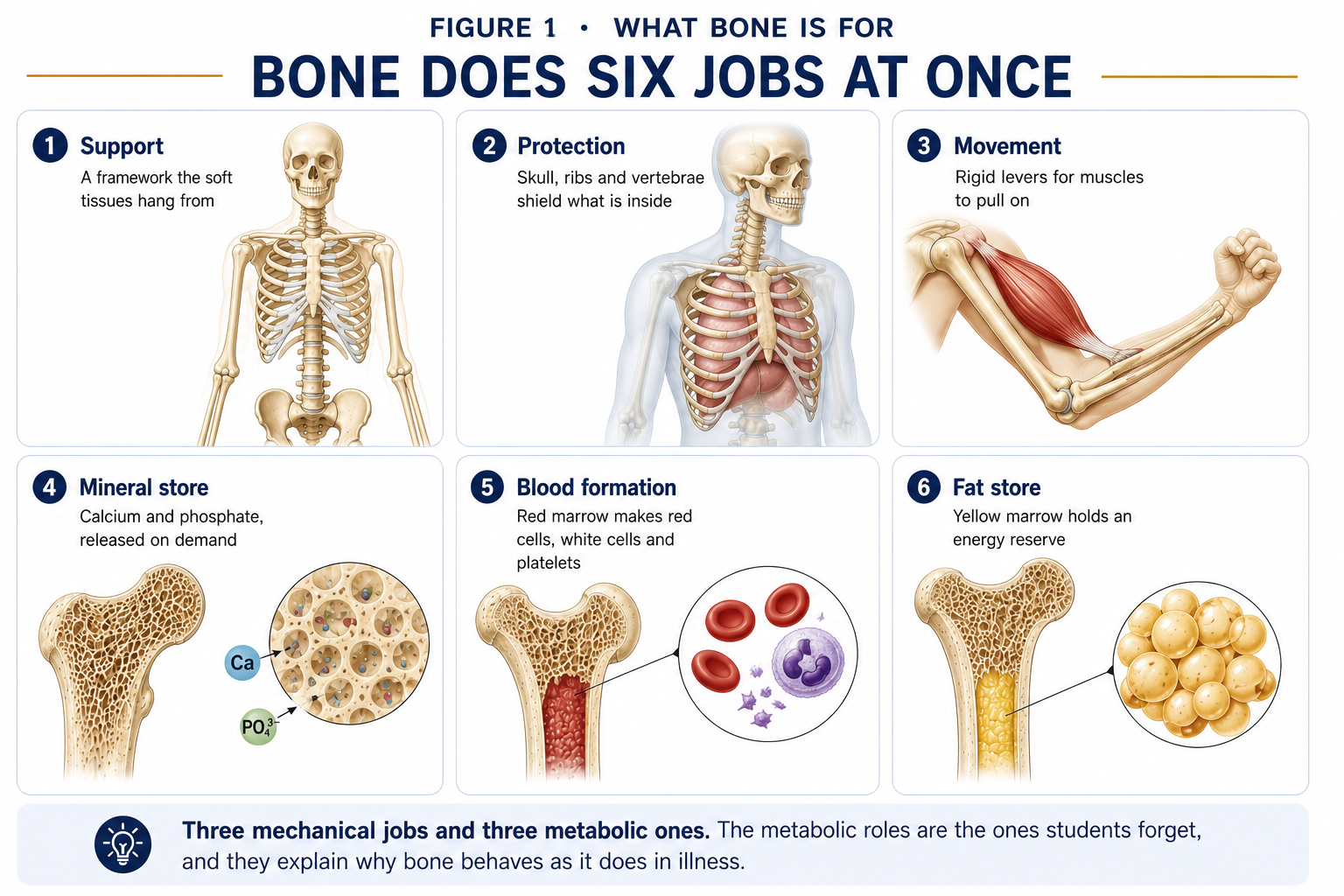 Six panels showing the jobs bone does at once: support, protection and movement drawn on the skeleton, and mineral store, blood formation and fat store drawn as cut sections of a femur with the marrow magnified.