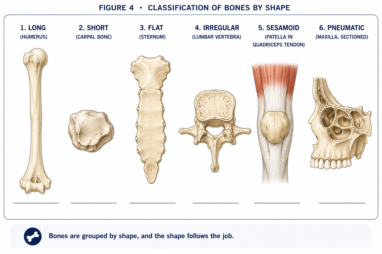 Six bones drawn side by side to show the shape classes: a long humerus, a short carpal bone, the flat sternum, an irregular lumbar vertebra, the patella as a sesamoid inside its tendon, and a sectioned maxilla showing its air spaces.