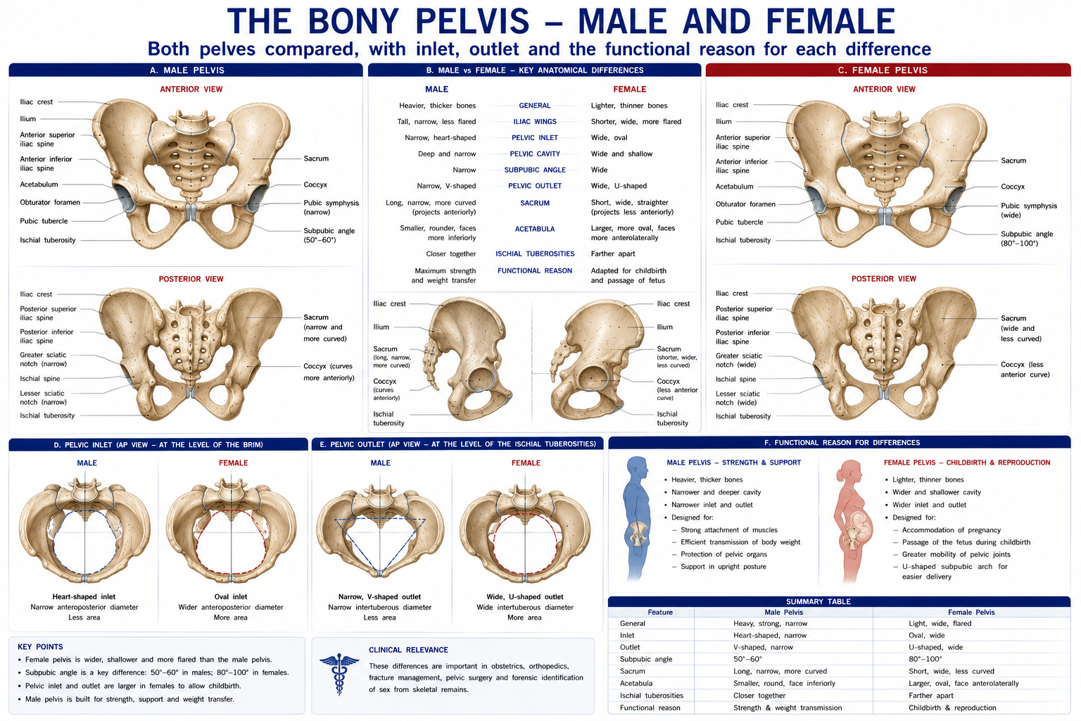 The male and female pelvis compared from the front, from above and from below, with the inlet, outlet and subpubic angle measured on each, and a table setting the differences against the functional reason for them.