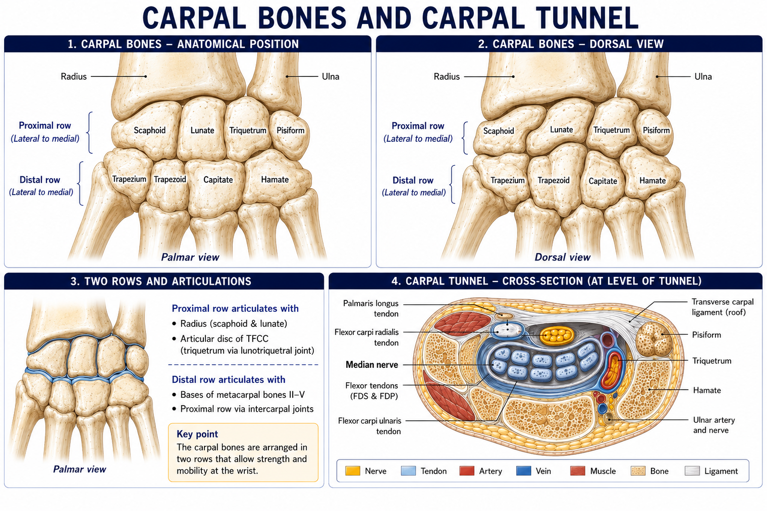 The eight carpal bones named in two rows from lateral to medial in both palmar and dorsal views, how the rows articulate, and a cross-section through the tunnel showing the median nerve and the flexor tendons beneath the transverse carpal ligament.