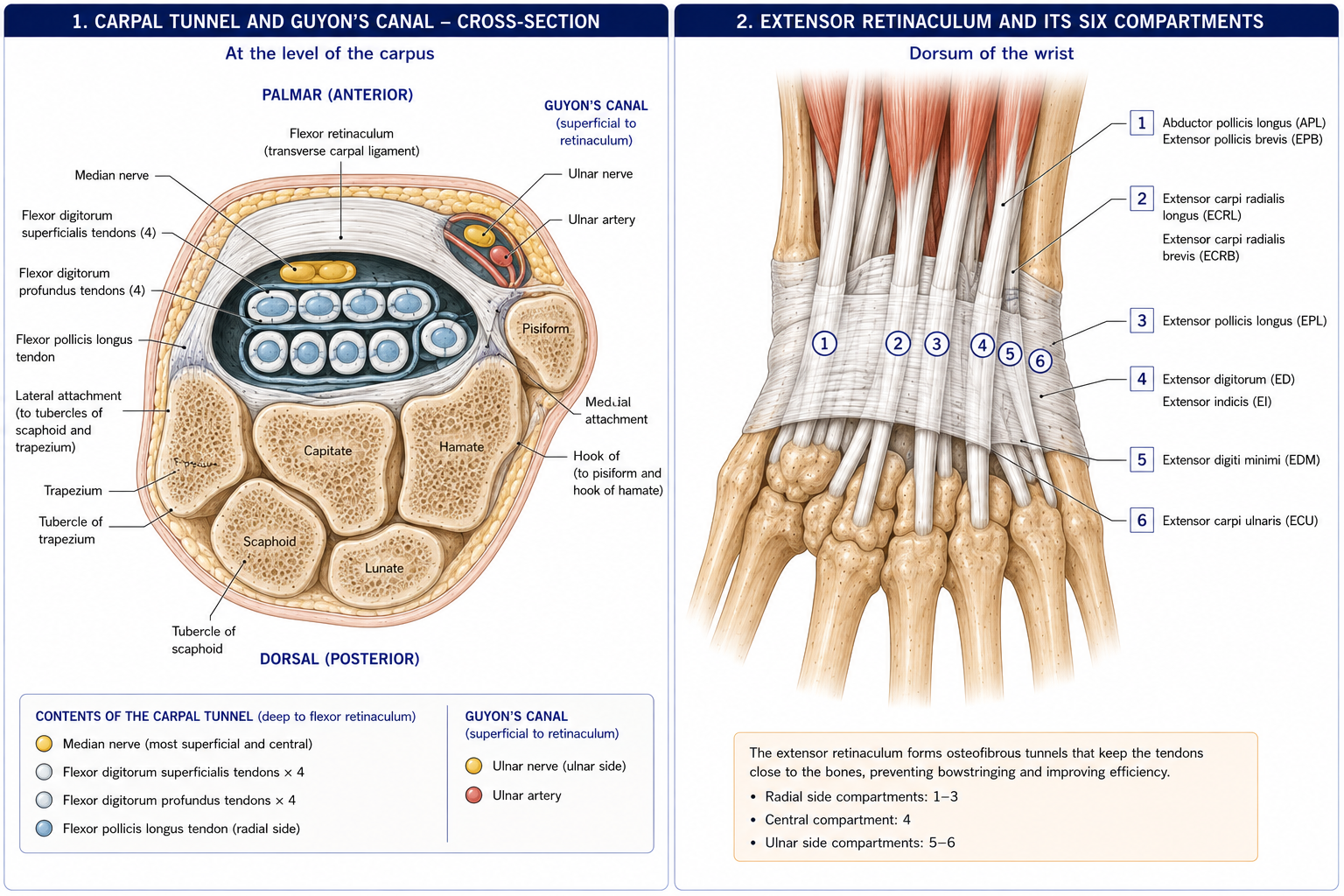 A cross-section of the wrist showing the carpal arch roofed by the flexor retinaculum, with the median nerve and the long flexor tendons inside the tunnel and the ulnar nerve and artery in a separate canal outside it, beside the back of the wrist with the six extensor compartments numbered and named.