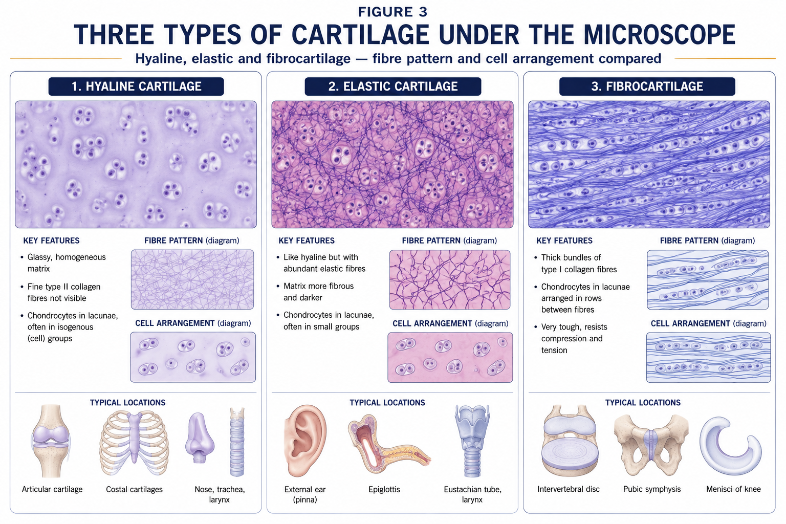 Hyaline, elastic and fibrocartilage shown as microscope views side by side, each with its fibre pattern and cell arrangement drawn separately and its typical locations in the body.