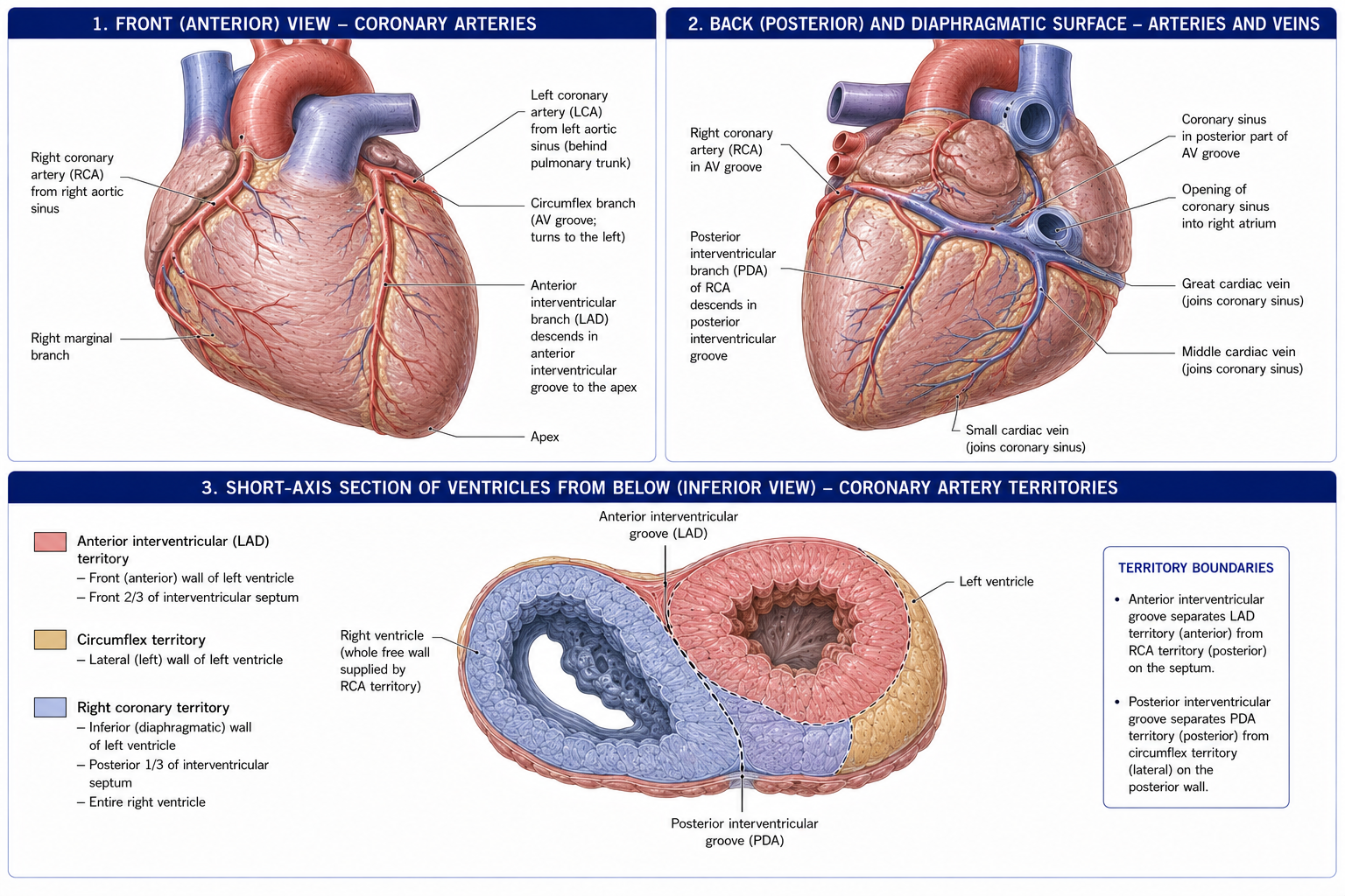 The coronary arteries traced from the aortic sinuses across the front and back of the heart with their main branches, the coronary sinus and cardiac veins in the atrioventricular groove, and a short-axis section of the ventricles shaded into the territory each artery supplies.