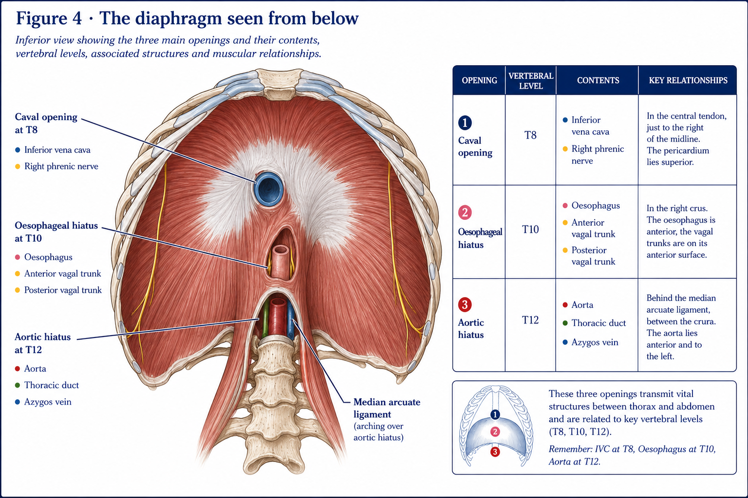 The diaphragm viewed from beneath, showing its sternal, costal and lumbar origins, the central tendon, and the three openings with the vertebral level and contents of each, alongside a transverse section at the level of the oesophageal hiatus.