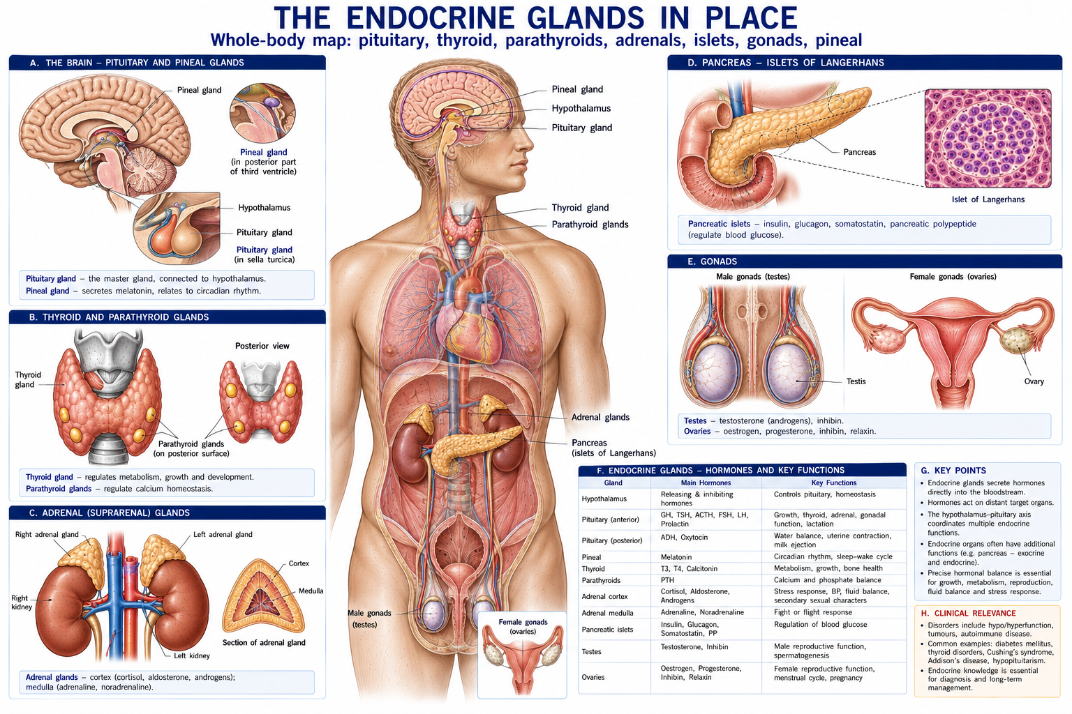 A whole-body map of the endocrine glands with the pituitary and pineal in the brain, the thyroid and parathyroids in the neck, the adrenals on the kidneys, the pancreatic islets and the gonads, each with the hormones it releases and what they do.