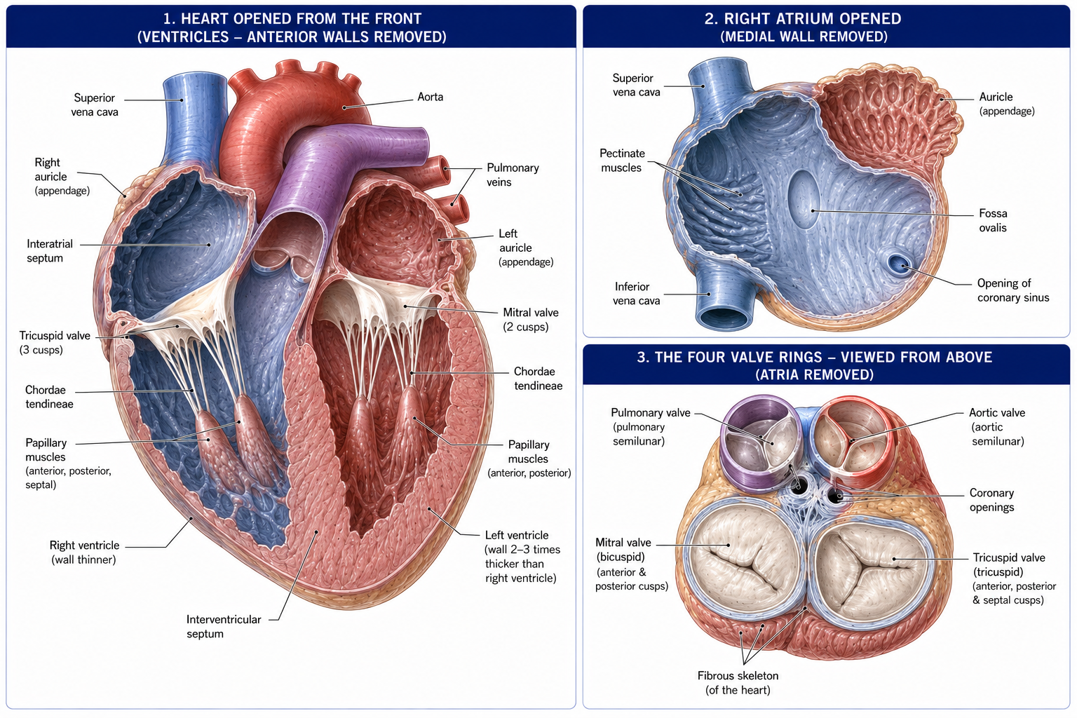 The heart opened from the front with both ventricles exposed, showing the tricuspid and mitral cusps with their chordae and papillary muscles and the difference in wall thickness, the right atrium opened to show its pectinate muscles and fossa ovalis, and the four valve rings seen from above in the fibrous skeleton.