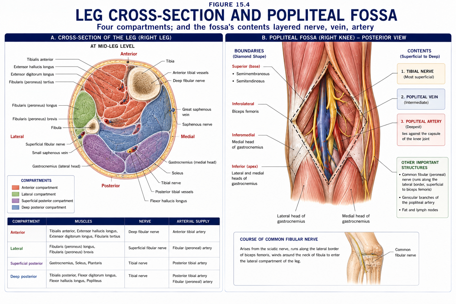 A cross-section of the leg showing the four compartments with their muscles, nerve and artery colour-coded, beside the popliteal fossa opened from behind with its boundaries and its contents layered from superficial to deep.