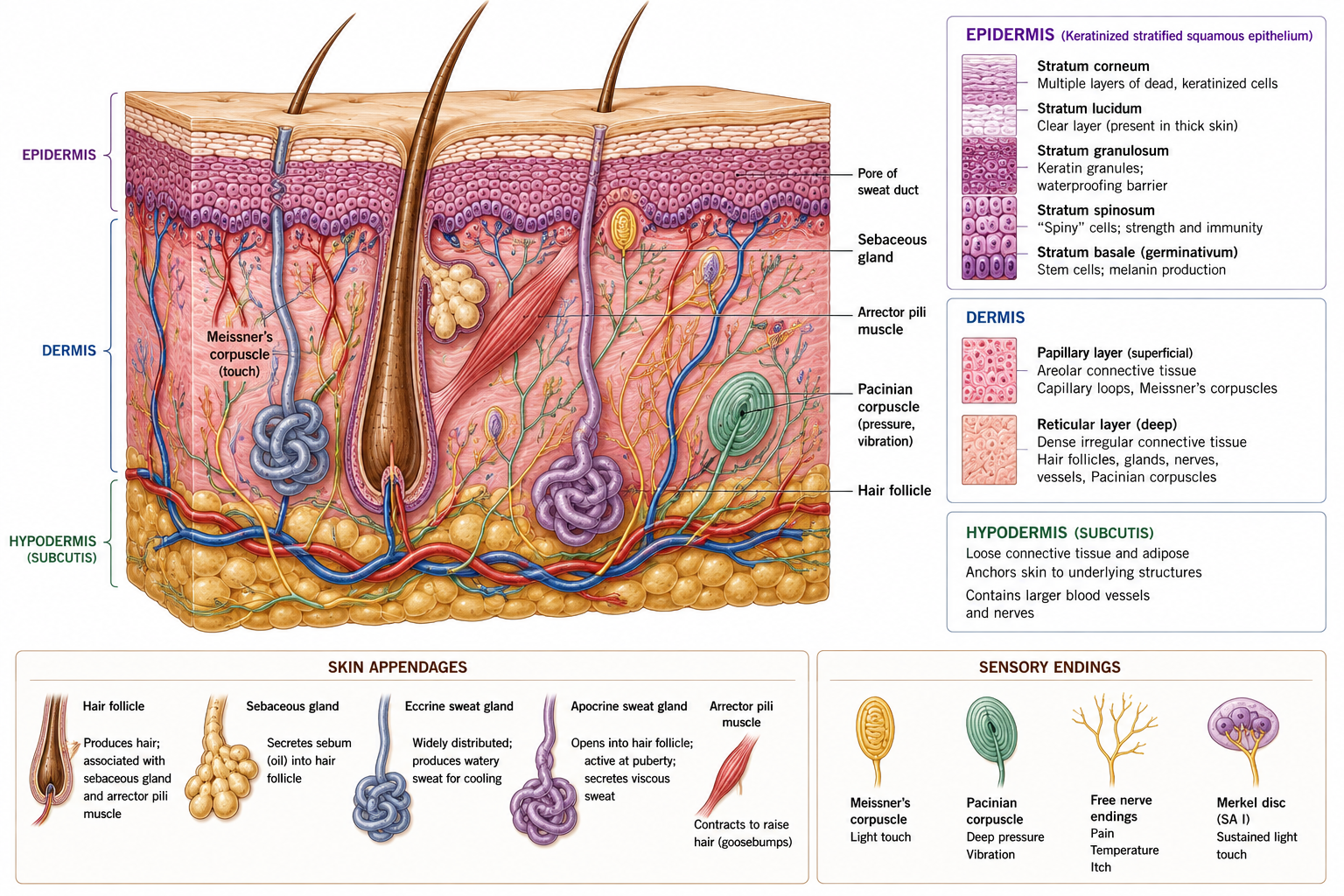 A block of skin cut away to show the epidermis, dermis and hypodermis, with the layers of the epidermis named in order, the hair follicle with its sebaceous gland and arrector pili muscle, the sweat glands, and the sensory endings drawn separately with what each one detects.