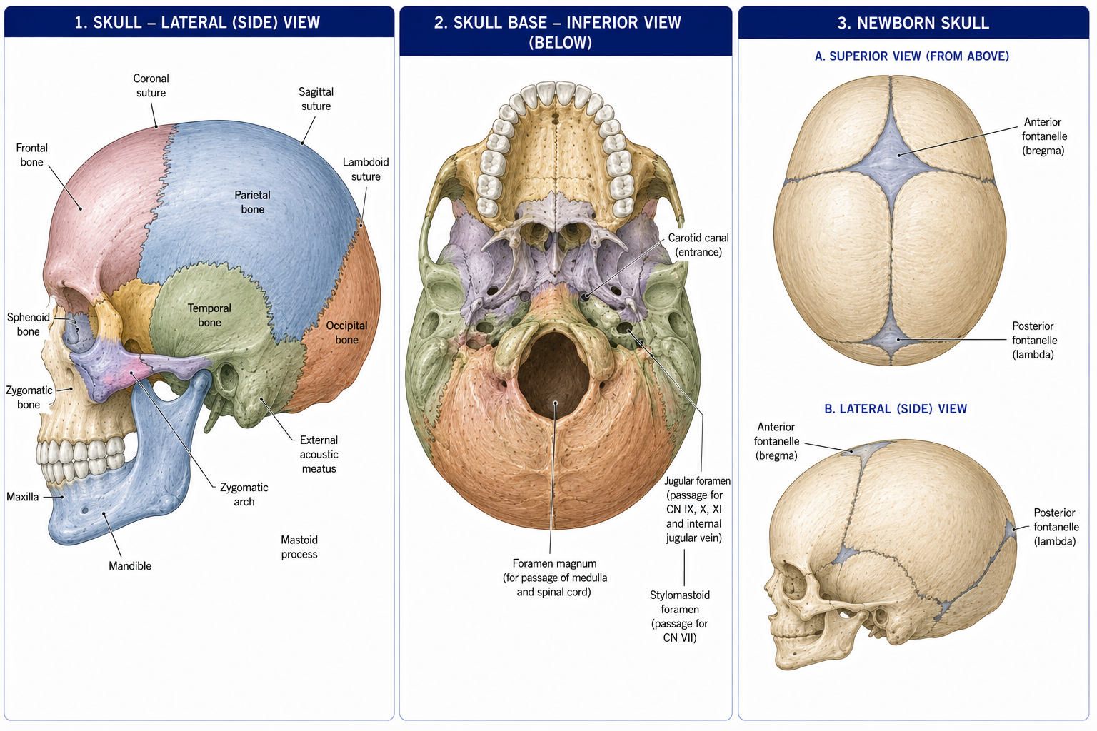 The skull from the side with its bones shaded separately and the sutures drawn, the base from below with the foramen magnum and the openings for the carotid, jugular and facial structures marked, and the newborn skull showing the anterior and posterior fontanelles still open between the separate bones.