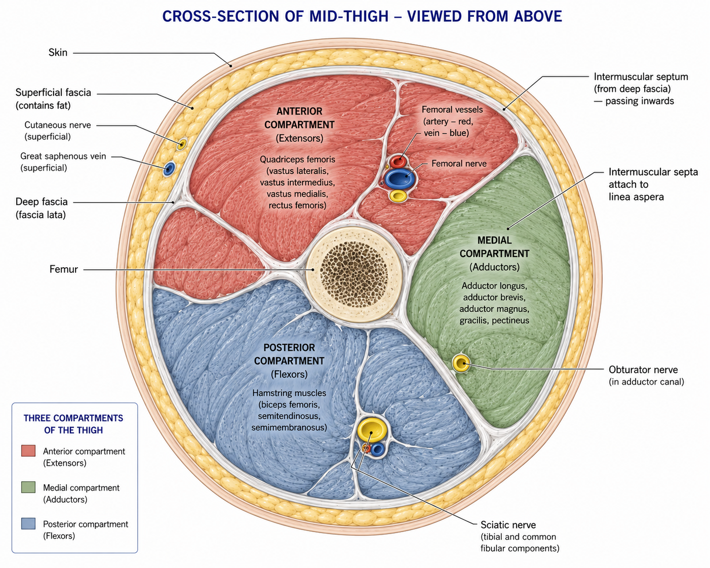 A cross-section of the mid-thigh from above, labelled from the skin inwards through superficial fascia, the deep fascia lata and the intermuscular septa attaching to the femur, with the anterior, medial and posterior compartments shaded separately and each shown with its own muscles and nerve.