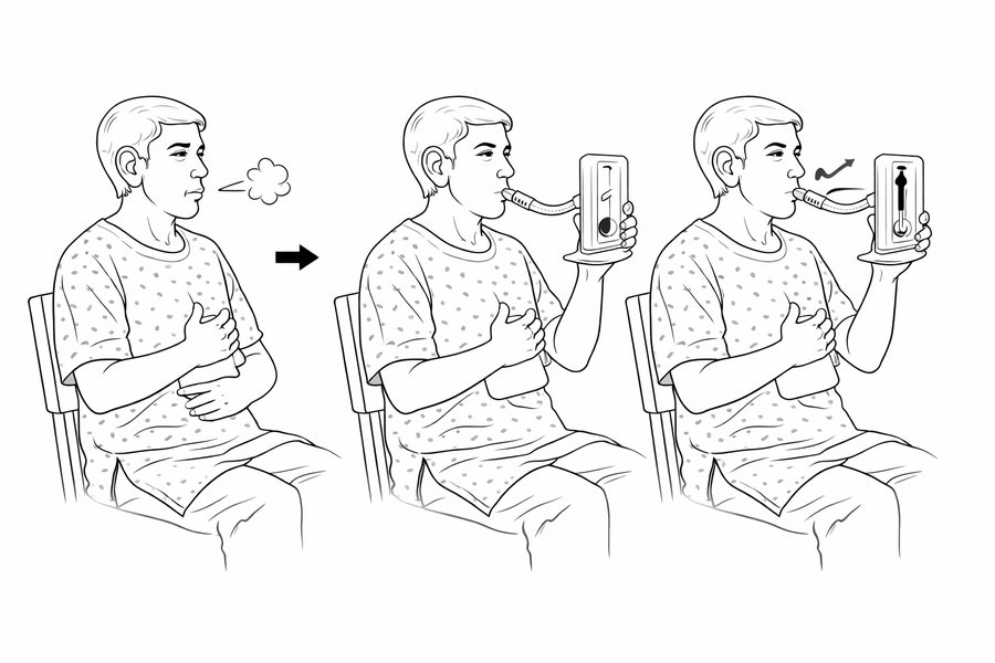 A person using an incentive spirometer, shown as a sequence of steps.