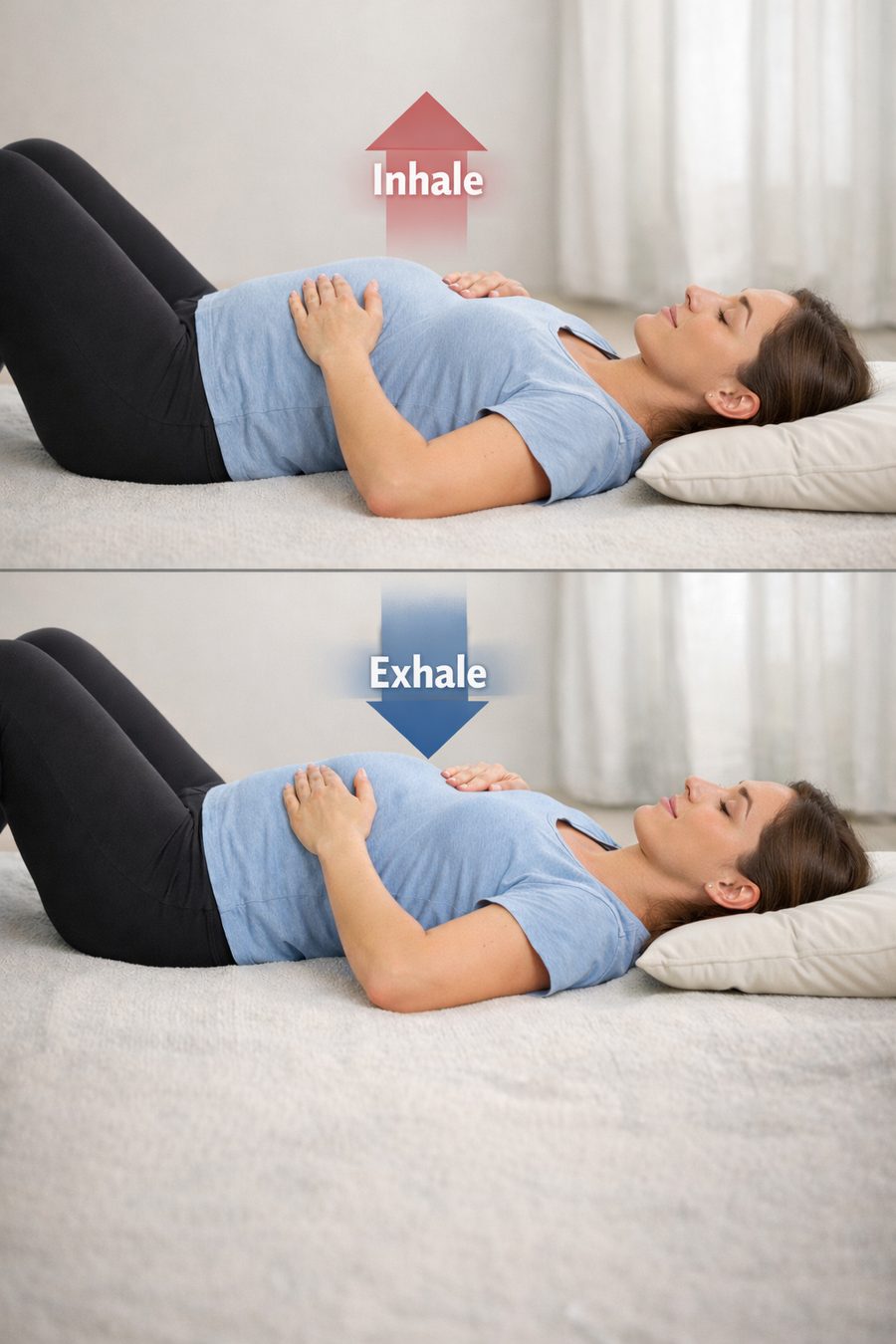 Diaphragmatic breathing practice, showing the inhale and exhale positions.