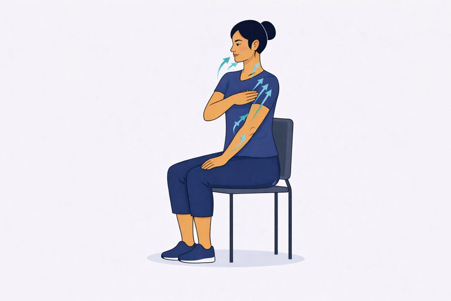 Illustration of self-administered manual lymphatic drainage, performed seated.